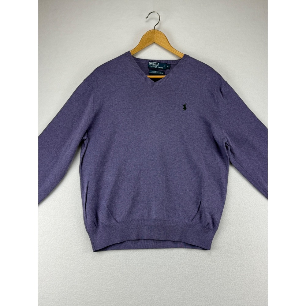 Polo Ralph Lauren V-Neck Sweater Womens Large Purple Pima Cotton Knit Pony Logo